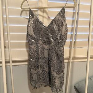 Tobi Silver Sequin Lace Mini Dress